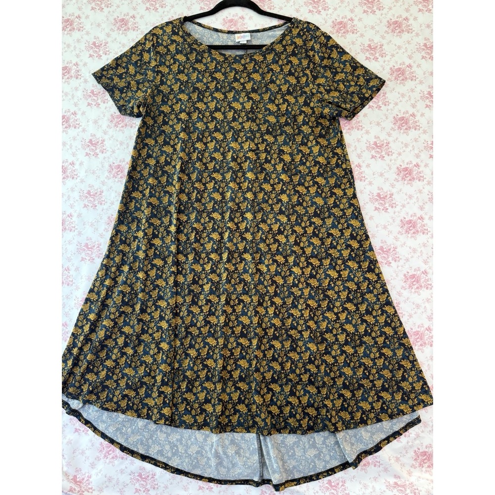 LuLaRoe Carly Dress M Blue Yellow Floral High Low Swing Dress
